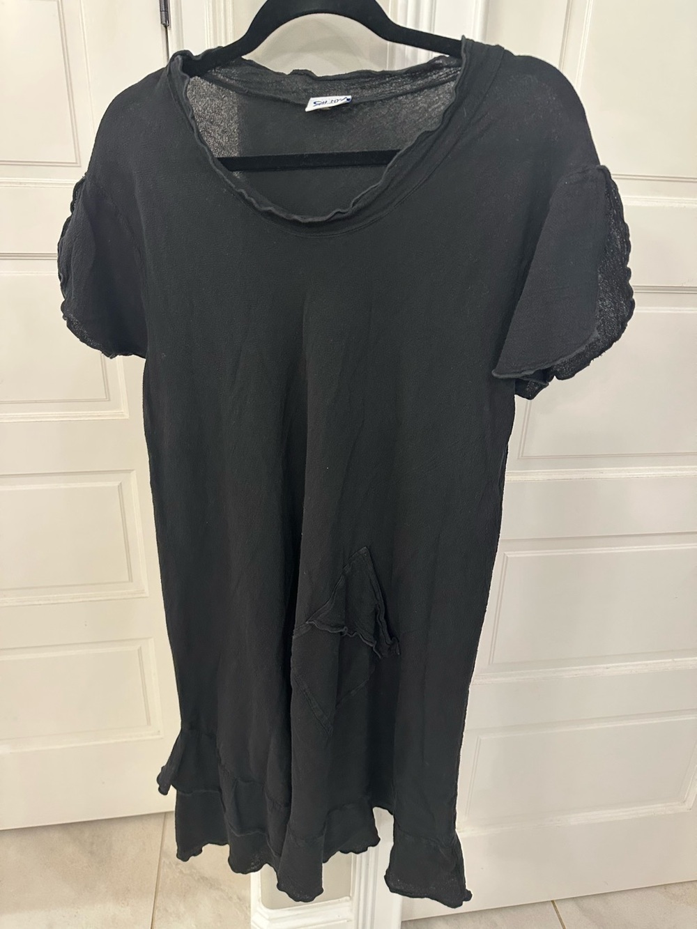 Oh My Gauze Womens 2 Midi Dress Black Lagenlook Ruffle Hem Flutter Sleeve Pocket